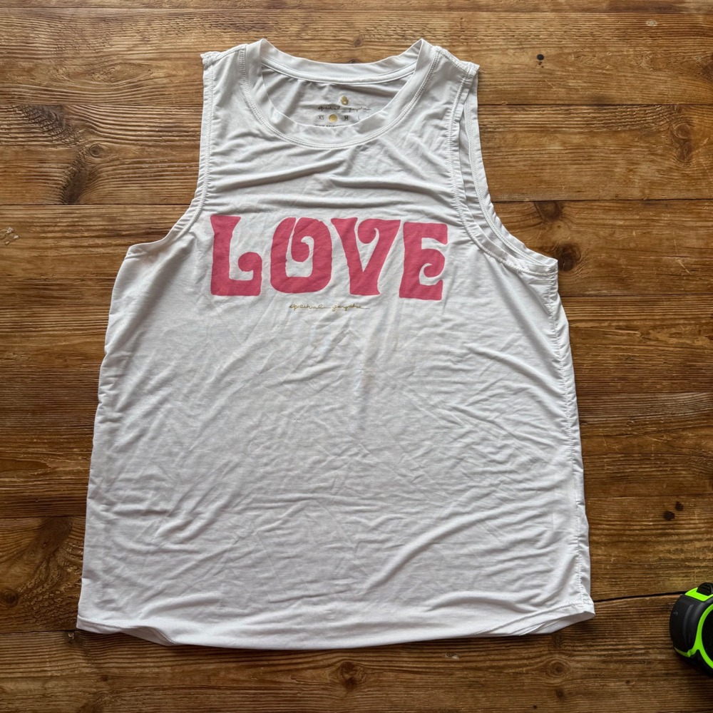 Spiritual Gangster Women White Pink LOVE Graphic Yoga Muscle Tank Top Small EUC